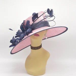 Pink & Navy Kentucky Derby Wedding Church Formal Butterfly Feather Sinamay Hat